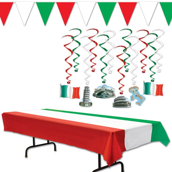 Italy Italian European Party Supplies Decorations Set Pack Whirls with Colosseum Leaning Tower of Pisa Red White Green Table Cover Pennant