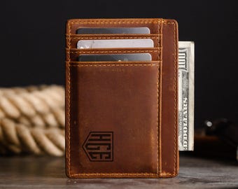 Personalized Leather Wallet for Men, Full Grain Slim Minimalist Wallet, Custom Engraved Front Pocket RFID Card Holder