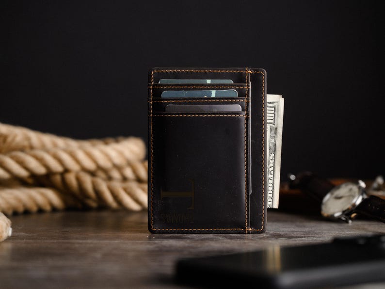 Personalized Slim Wallet, Fathers Day Gift, Minimalist Leather Card holder image 3
