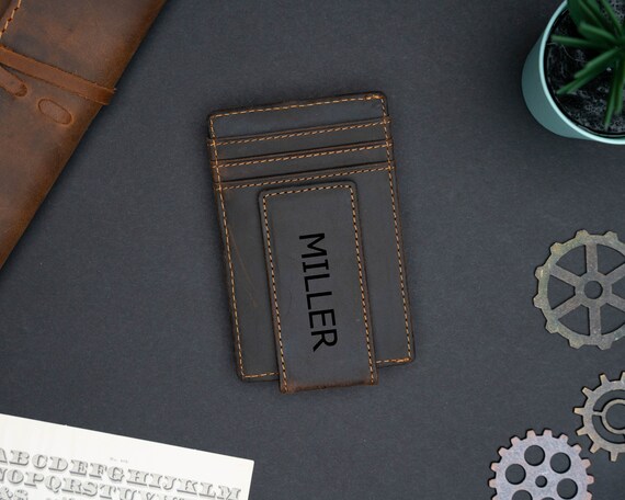 Fathers Day Gift, Slim Leather Wallet, Card holder with Money clip, Personalized Card Holder