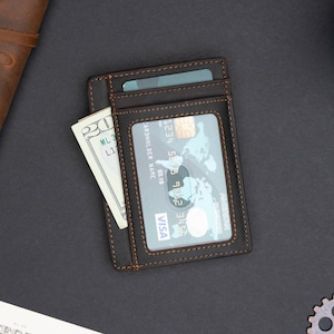 May include: A brown leather wallet with a stitched edge, holding a credit card and a dollar bill. The credit card has the Visa logo and the text "CARDHOLDER NAME".