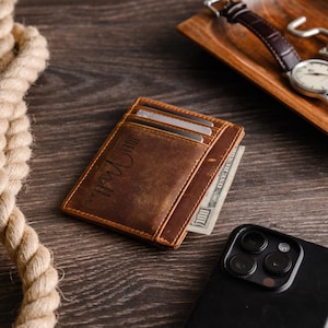 Personalized Slim Wallet, Fathers Day Gift, Minimalist Leather Card holder image 10