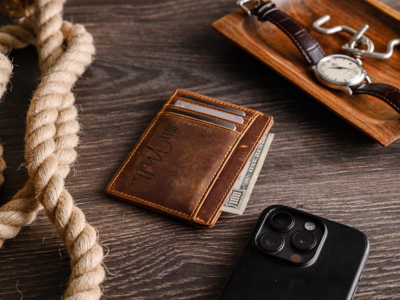 Personalized Slim Wallet, Fathers Day Gift, Minimalist Leather Card holder image 10