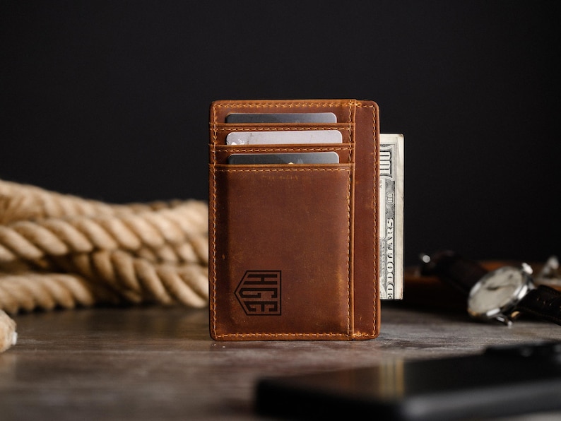 Personalized Slim Wallet, Fathers Day Gift, Minimalist Leather Card holder image 2