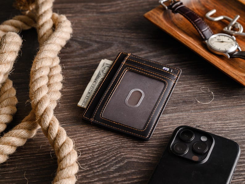 Personalized Slim Wallet, Fathers Day Gift, Minimalist Leather Card holder image 15