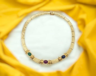Natural Precious Ruby, Sapphire, Emerald Necklace in 14k Solid Yellow Gold New