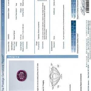 May include: A gemological report for a 6.77 carat pink oval spinel gemstone. The report includes details about the stone's identification, origin, and enhancement. The report also includes a diagram of the stone's cut and a clarity enhancement stability index.