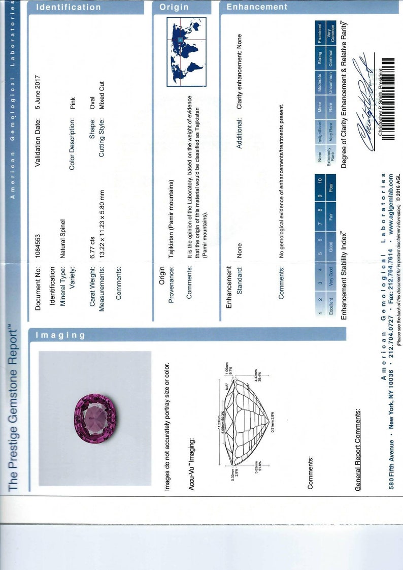 May include: A gemological report for a 6.77 carat pink oval spinel gemstone. The report includes details about the stone's identification, origin, and enhancement. The report also includes a diagram of the stone's cut and a clarity enhancement stability index.