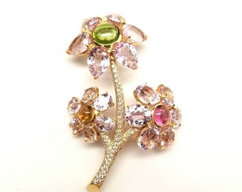 Kunzite, Tourmaline, & Diamond Flower Brooch. New. Designed by Cartier Jeweler Paris