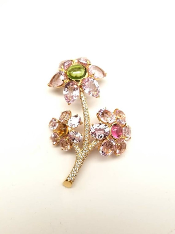Kunzite, Tourmaline, & Diamond Flower Brooch. New. Designed by Cartier Jeweler Paris