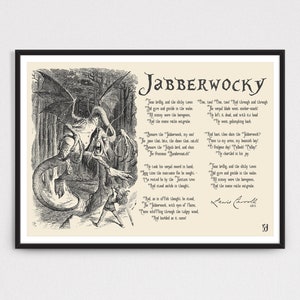 May include: A framed print featuring a detailed black and white illustration of a fantastical creature and a knight, with the title "Jabberwocky" at the top. The poem by Lewis Carroll is printed on the right side.