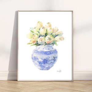Aquarell Blau Glas matt Vertikales Poster, Küche Schlafzimmer Bauernhaus Dekor, Mutter Geschenk, gelbe Tulpen, Osterfrühlingsdekoration