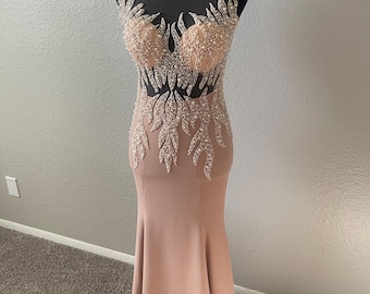 Beaded beige Long Dress - Elegant Event Evening Gown, Size 3