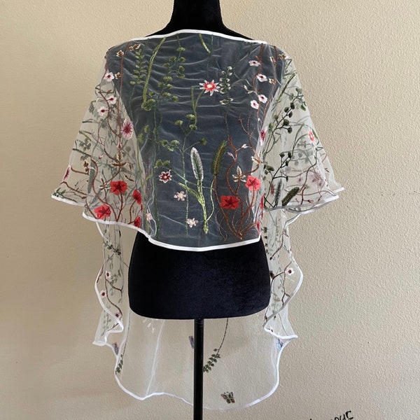 Designer Wedding  Capelet - Elegant  Cape -  Cover Up - Embroidered Tulle Floral Bolero - Shawl For Dress - Beach Cover Up - Fairy Cloak