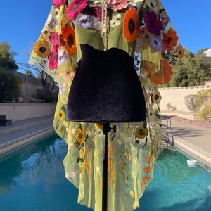 Embroidered Floral Cape: Yellow Swimsuit Cover Up, Handmade Couture