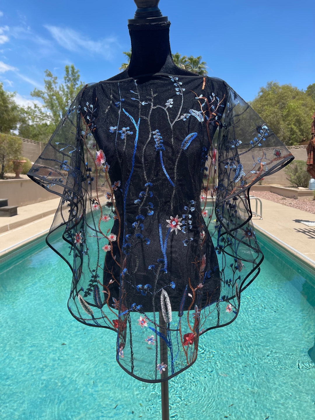 Designer Black Capelet Elegant Cape Beach Cover up Embroidered Tulle