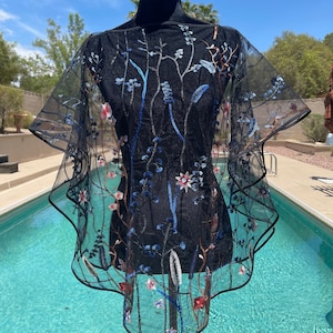Designer Black Capelet - Elegant  Cape - Beach Cover Up - Embroidered Tulle Floral Bolero - Shawl For Dress - Beach Cover Up - Fairy Cloak