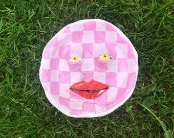 Handmade clay face jewellery dish