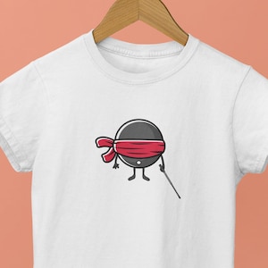 かわいい漫画の目隠しTシャツ、死角シャツ、目隠しゲームのイラストTシャツ、目を閉じたゲームのTシャツ、杖を持った盲目のキャラクター