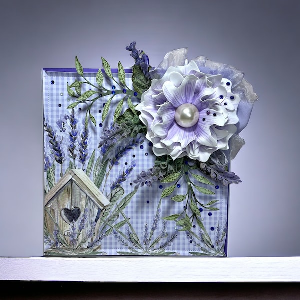 Carte d'anniversaire faite main, carte de voeux florale 3D de luxe pour dames, cartes lavande, cartes fleurs, cartes femmes, cartes souvenirs.