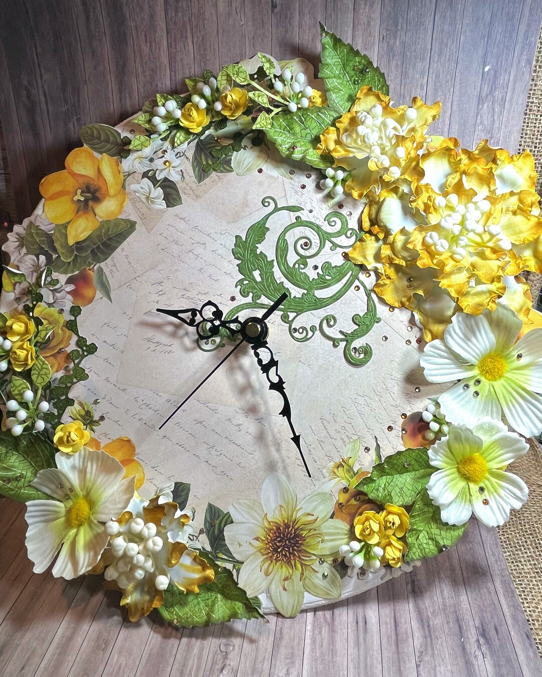 Handmade Floral Wall Clock, With Handcrafted Flowers, Clocks, Wall