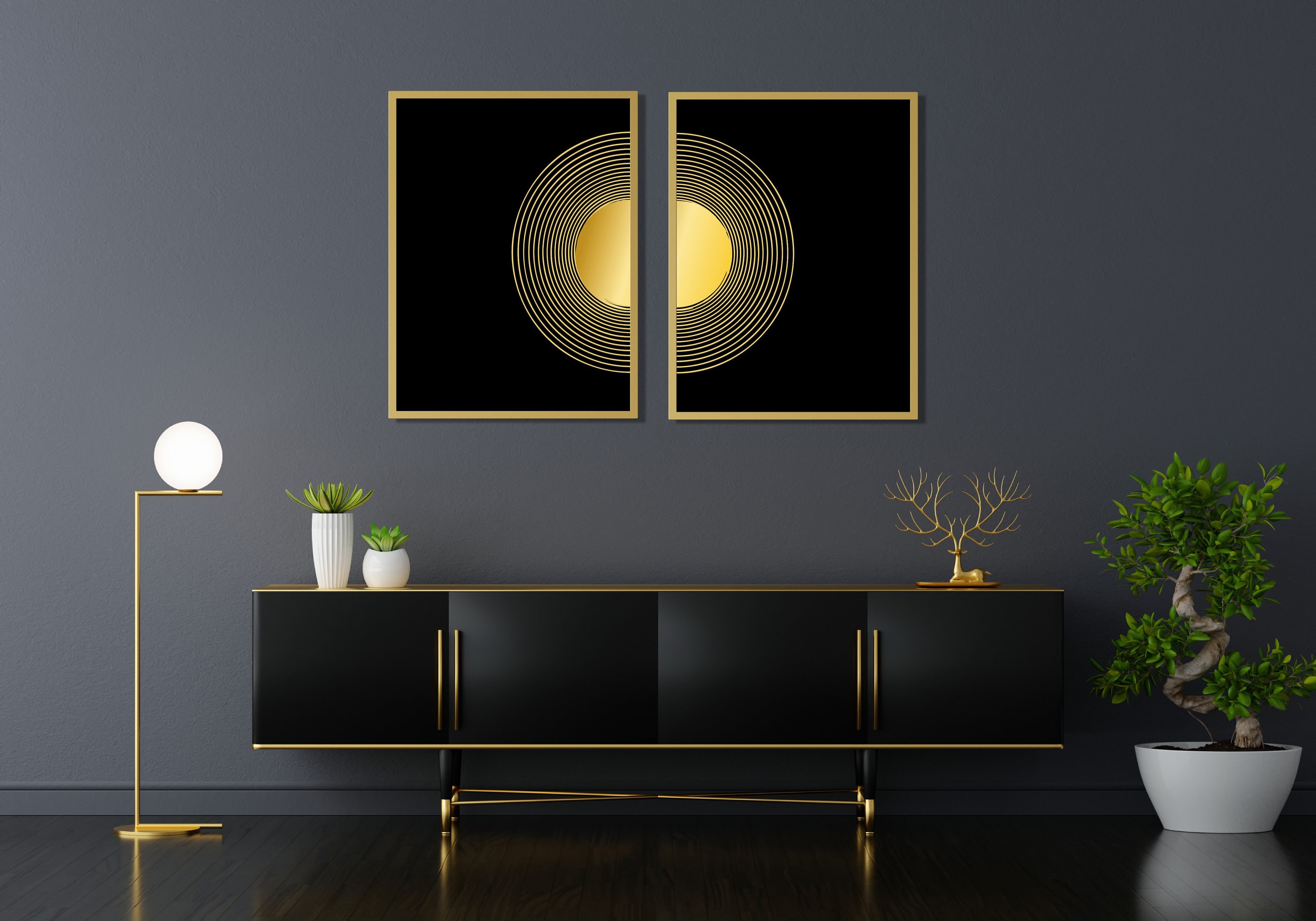 Set of 2 Black Gold Luxury ArtOversized Wall ArtGold Modern Etsy