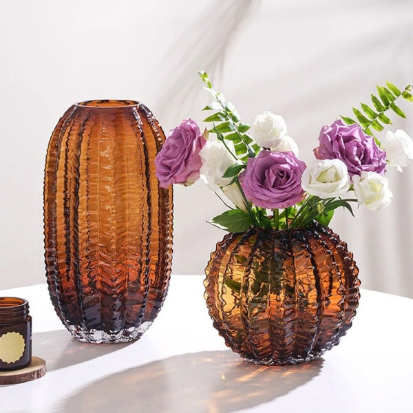 Colorful Ribbed Glass Vase | Green Amber Gray Vases for Flowers | Textured Transparent Round Vase Set | Decorative Flower Vase Decor