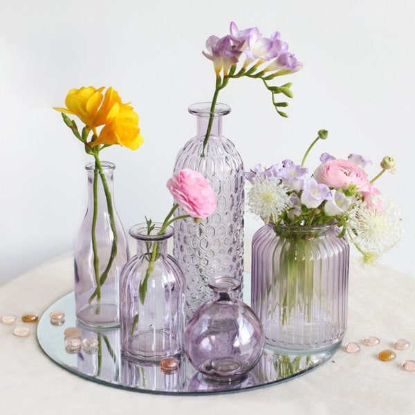 Purple Glass Bud Vases | Small Lilac Vase Set | Lavender Dried Flower Vase | Transparent Geometric Vase for Flowers | Violet Vase Decor