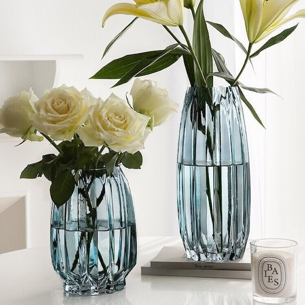 Hoge dikke glazen bloemenvaas | Transparante gestructureerde geribbelde vazen voor bloemen | Helder Grijs Blauw Vaas Set | Minimalistisch modern tafelbladdecor