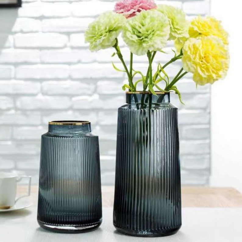 Tall Striped Glass Flower Vase Gold Rimmed Textured Vases Etsy