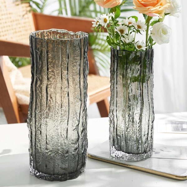 Tall Textured Glass Vases for Flowers | Clear & Black Modern Ribbed Vase | Transparent Minimalist Vase Set | Crystal Glass Flower Vase Decor