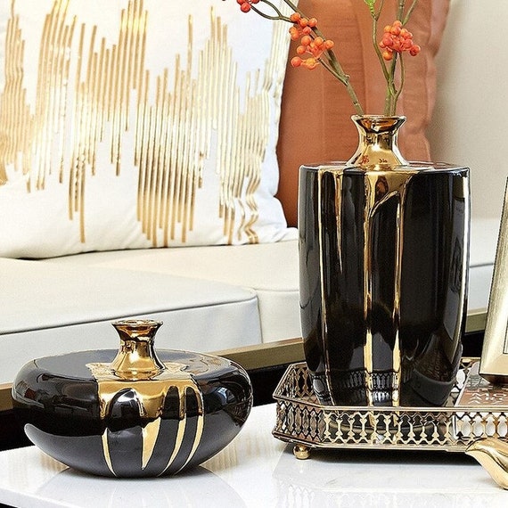 Black & Gold Ceramic Vase Modern Black Marble Vases for Flowers Luxury  European Tabletop Vase Decor Dried Flower Bud Vase Set 