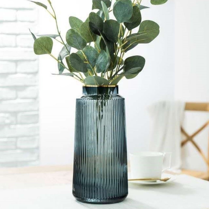 Tall Striped Glass Flower Vase Gold Rimmed Textured Vases Etsy