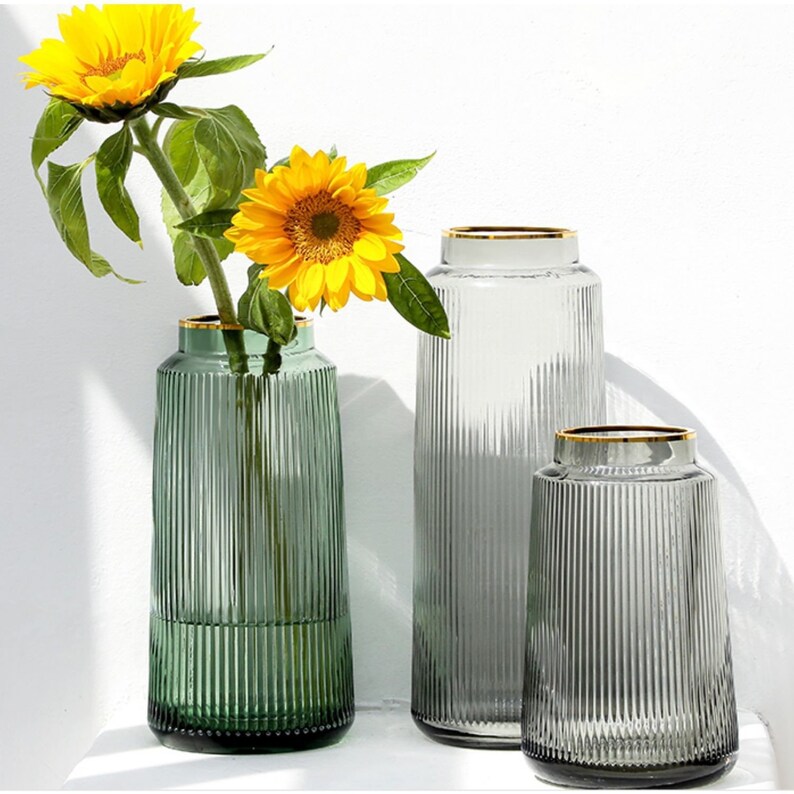 Tall Striped Glass Flower Vase Gold Rimmed Textured Vases Etsy
