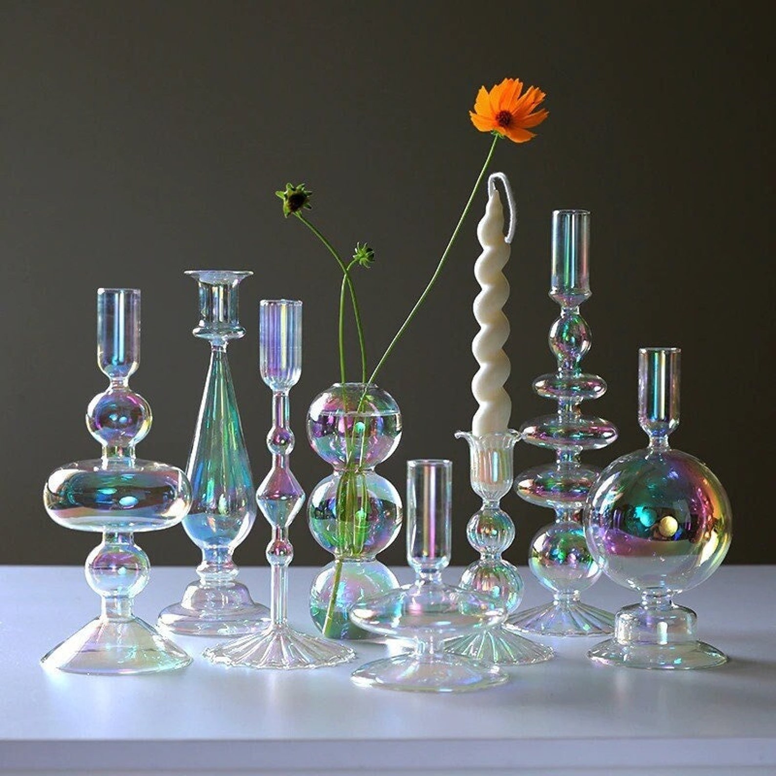 Iridescent Candle Holder Vase Set Tall Glass Candle Stick Etsy