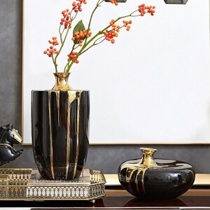 Black & Gold Ceramic Vase Modern Black Marble Vases for Flowers Luxury ...