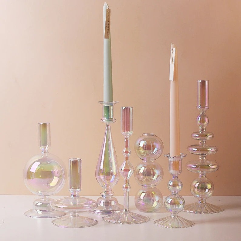 Iridescent Candle Holder Vase Set Tall Glass Candle Stick Etsy