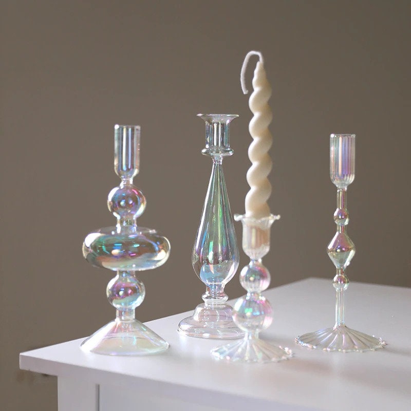 Iridescent Candle Holder Vase Set Tall Glass Candle Stick Etsy