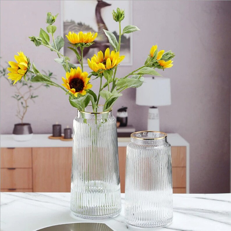 Tall Striped Glass Flower Vase Gold Rimmed Textured Vases Etsy