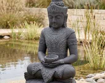 Buddha Statue schwarz 102 cm Steinguss mit Schale Gartenfigur Wasserfunktion wetterfest massiv dekorativ für Teich Terrasse Zen Teich Blumen