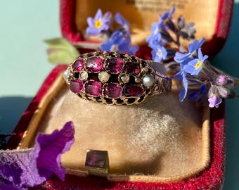 Victorian (1882) garnet and seed pearl 15ct gold ring