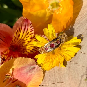 Antique 18ct gold Ruby and Diamond ring with scroll detail shoulders and Chester hallmark