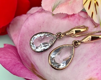 Elegant vintage Italian silver gilt earrings with clear stone
