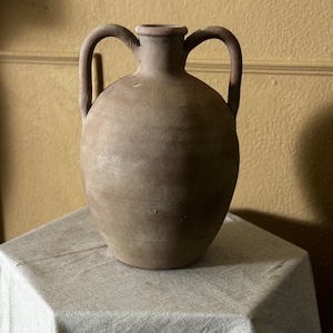 May include: A brown ceramic vase with two handles. The vase has a rustic, textured surface.