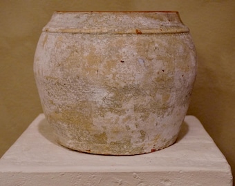 May include: A white ceramic pot with a rounded body and a slightly flared rim. The pot has a rustic, aged appearance with a mottled texture.