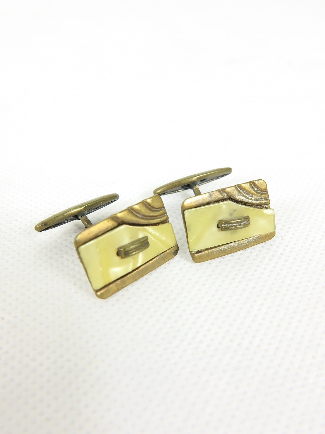 Boutons De Manchettes Vintage Art Déco – Laiton Et Nacre – Doré Et Irisé