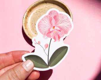 Pink Orchid Plant Sticker, Waterproof Vinyl Decal
