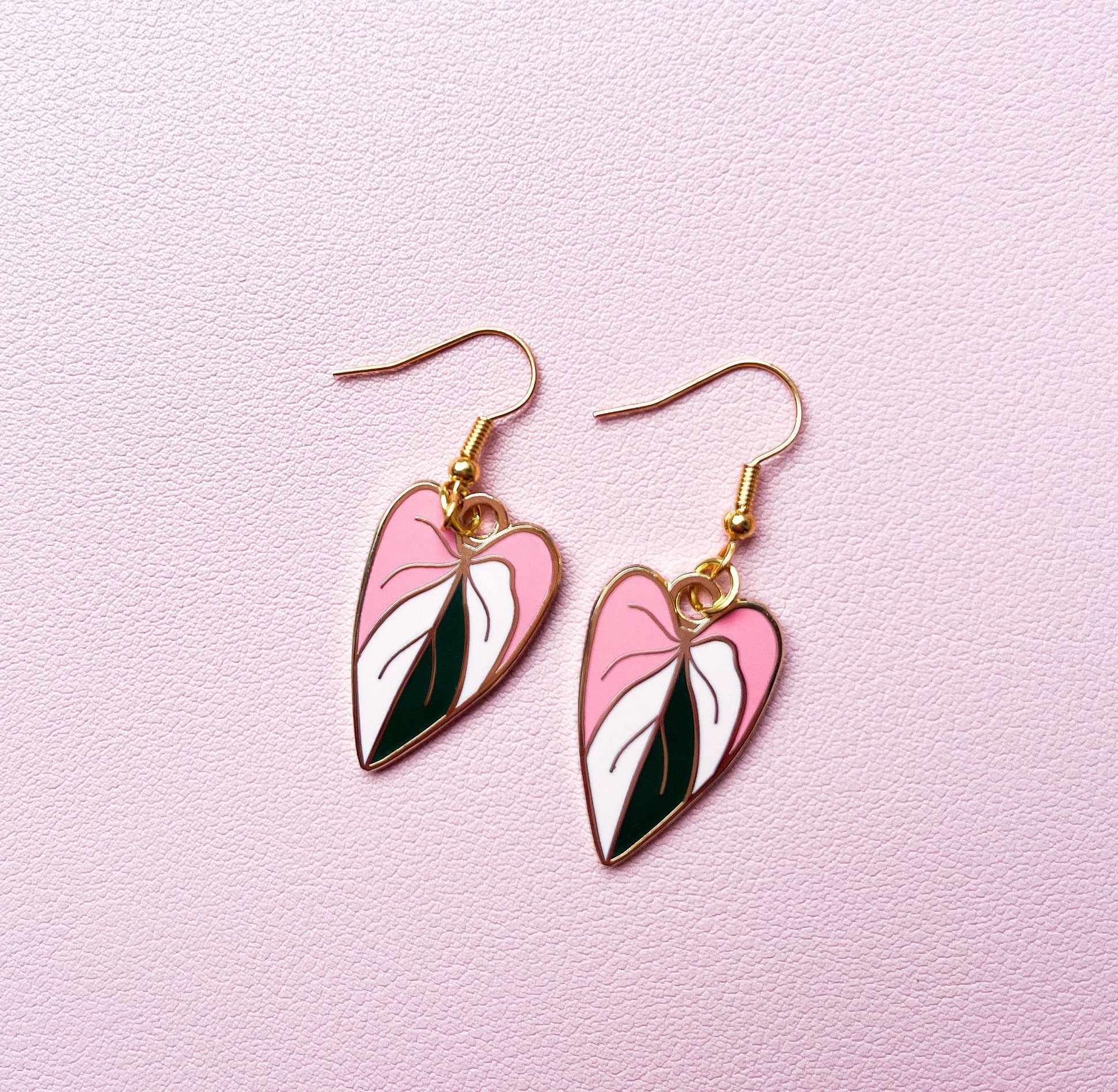 ② Pink Princess Leaf Enamel Earrings, Houseplant Gift, Plant