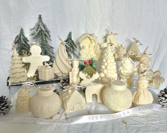 Candele di Natale / Decorazioni natalizie / Candele di soia / Regali di Natale / Riempitivo per calze / Pupazzo di neve, Albero, Regalo, Babbo Natale, Fiocco di neve, Casa, Vegano,