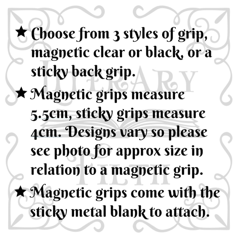 May include: White graphic with text describing three grip styles: magnetic clear or black, and sticky back. Magnetic grips measure 5.5cm, sticky grips measure 4cm. Includes a sticky metal blank.